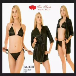 Two Hearts 3 Pieces Silk Nightwear & Lingerie with Short Gown for Women & Girls - Black