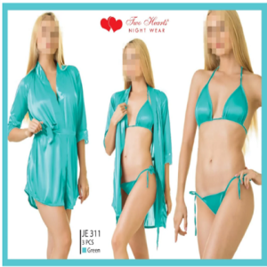 Two Hearts 3 Pieces Silk Nightwear & Lingerie with Short Gown for Women & Girls - c green