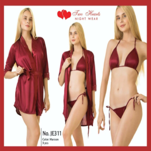 Two Hearts 3 Pieces Silk Nightwear & Lingerie with Short Gown for Women & Girls - Maroon