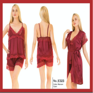 Two Hearts 3 Pieces Silk Nightwear & Lingerie Women & Girls - Maroon