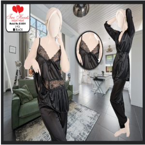 Two Hearts 3-Piece Silk Nightwear For Girls & Women - Black