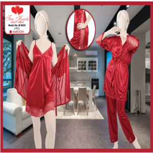 Two Hearts 3-Piece Silk Nightwear For Girls & Women - Maroon