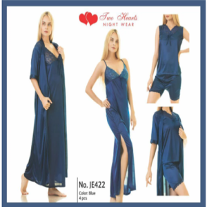 Two Hearts 4 Piece Silk Nightwear & Lingerie For Girls & Women - Blue