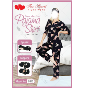 Two Hearts 4 Pieces Printed Nightwear & Lingerie For Girls & Women - Black