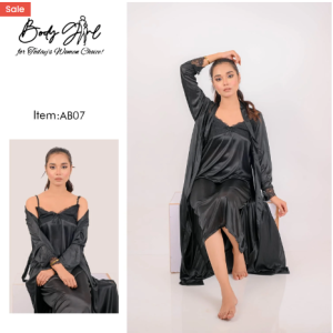 Body Girl 2 Pieces Long Bridal Silk Nightwear For Girls & Women - Black