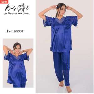 Body Girl 2 Pieces V-Neck Bridal Silk Nightwear For Girls & Women - Blue