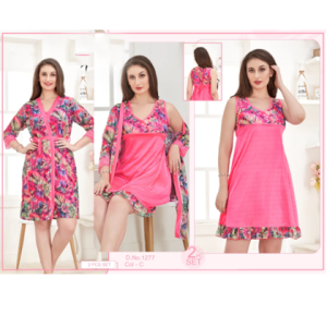 Tee Dot Silk 2-Pieces Printed Bridal Nightwear With Gown For Girls & Women - Pink