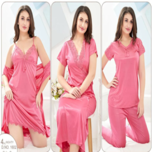 Silky Nights 4-Pieces Bridal Nightwear With Lace Work For Girls & Women - Pink