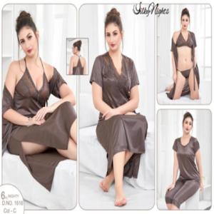 Silky Nights 6-Pieces Bridal Nightwear With Lace Work For Girls & Women - Dusty Brown