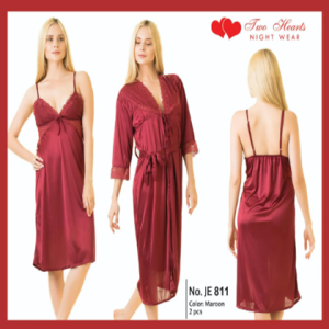 Two Hearts 2 Piece Silk Nightwear For Girls & Women - Maroon